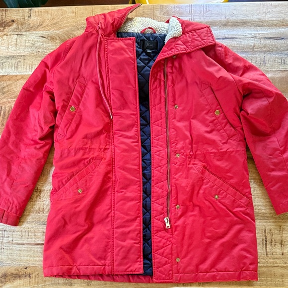 J. Crew red waxed canvas lined primaloft winter jacket coat hooded women’s small - Picture 1 of 13